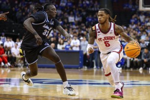 Deivon Smith drives past Garwey Dual during St. John's 79-51 blowout win over Seton Hall on Jan. 18, 2025.